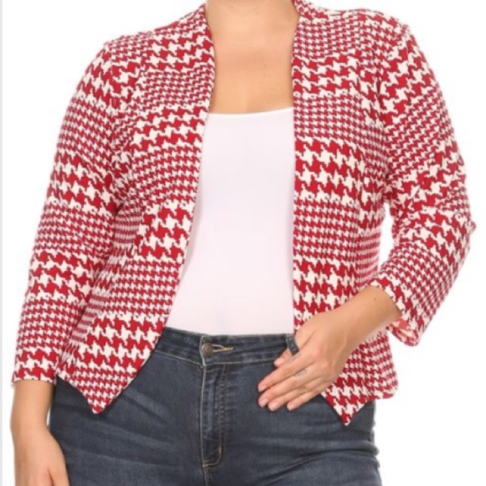Red houndstooth plaid blazer